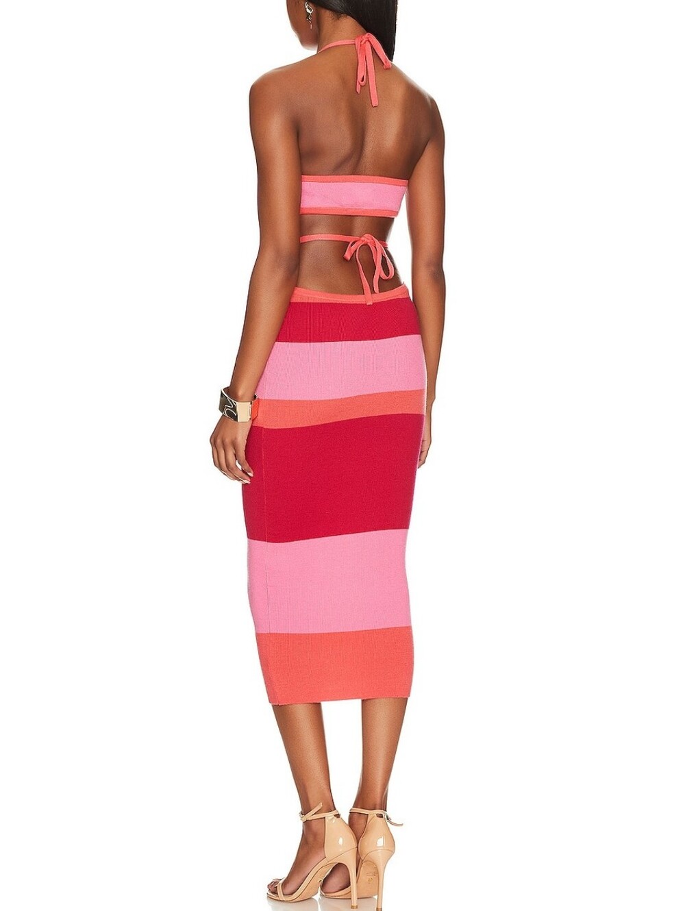 Camila Coelho Pink Orange Colorblock Open Tie Back Halter Emlyn Knit Midi Dress - Picture 2 of 13